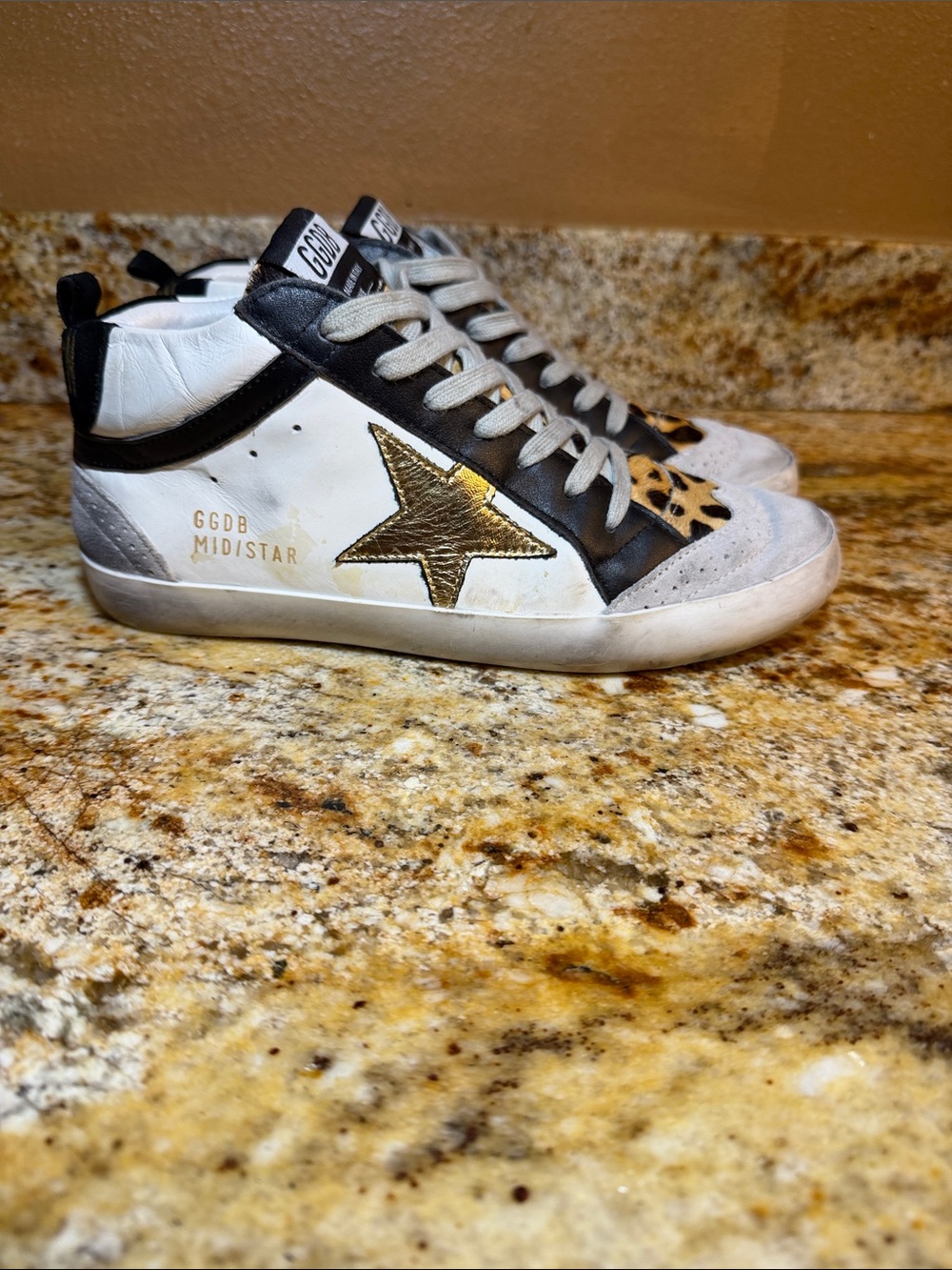 Golden Goose Midstar Leopard Print Glitter Gold Star Mid-Top Sneakers